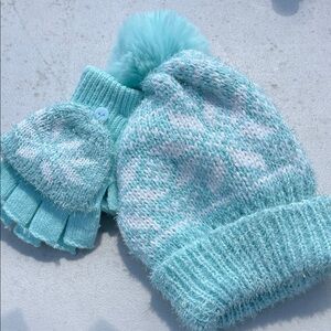 Aqua Knit Hat and Mittens Set for Kids